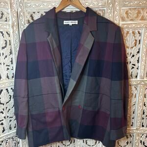 Vintage Albert Capraro Jacket Coat Blazer Gray Burgundy Plaid USA Union Made 16